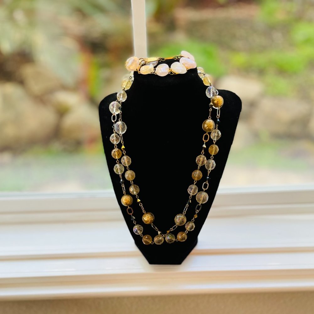 2  VNT ITEMS gold foiled uranium glass bead necklace & Rose Quarts Pink Bracelet